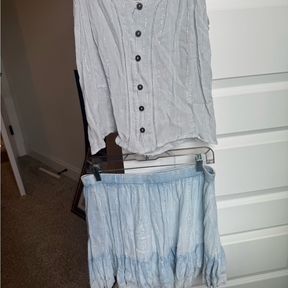 raya sun Pale Blue Button-Front Two-Piece Skirt Set